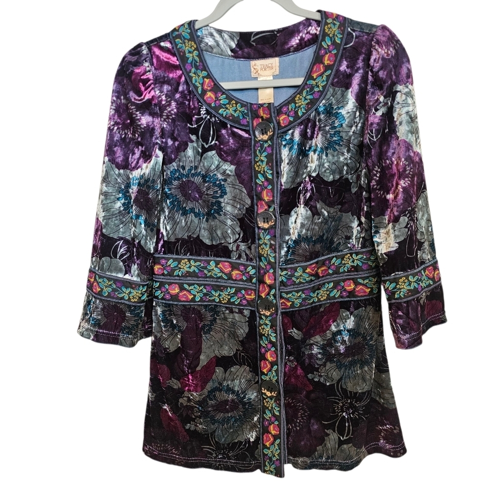 Vintage Y2K Tracy Porter Floral Velvet Button Down Blazor Embroidered Jacket